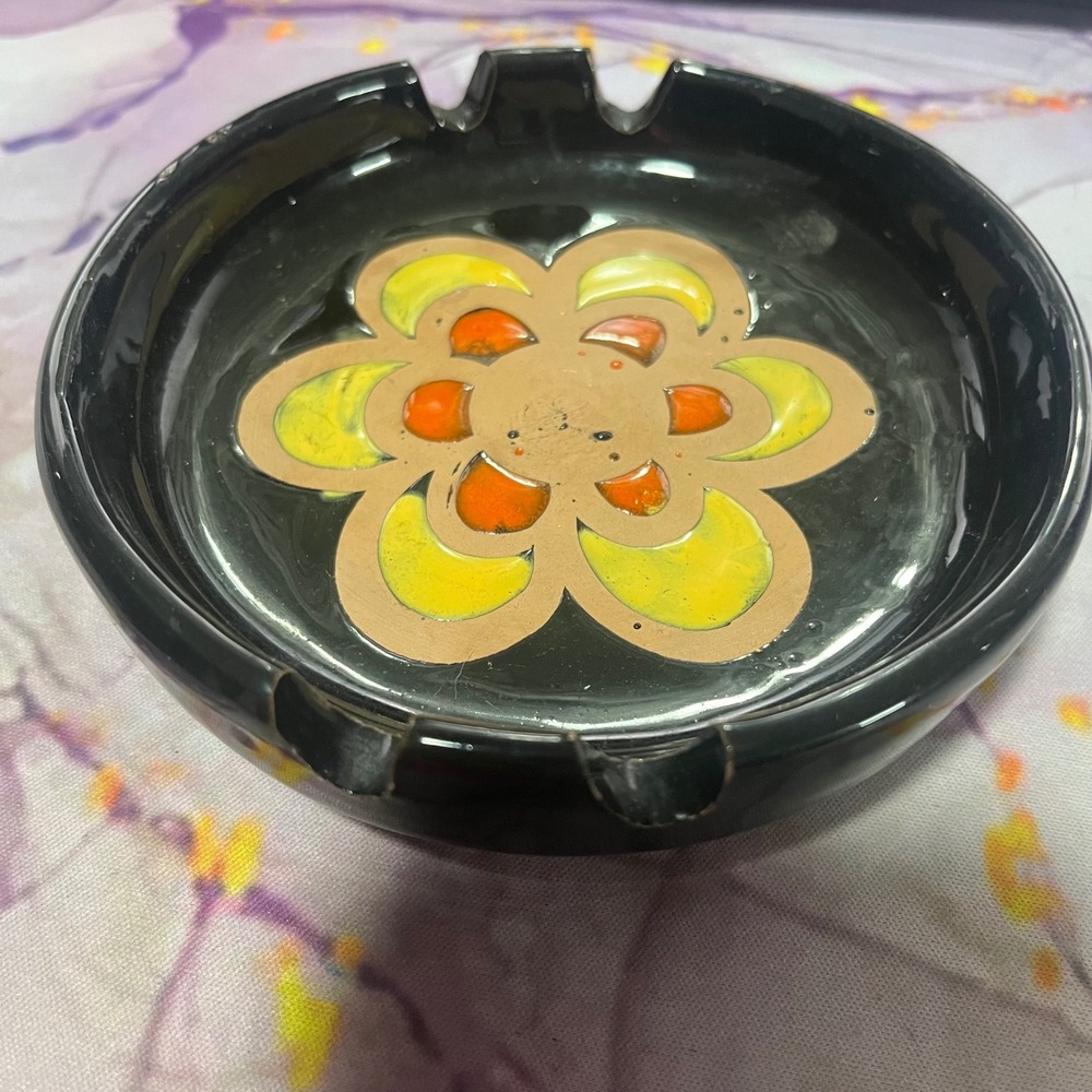 Vintage Retro Ceramic Ashtray Black Flower Power 70s Psychedelic Orange Yellow